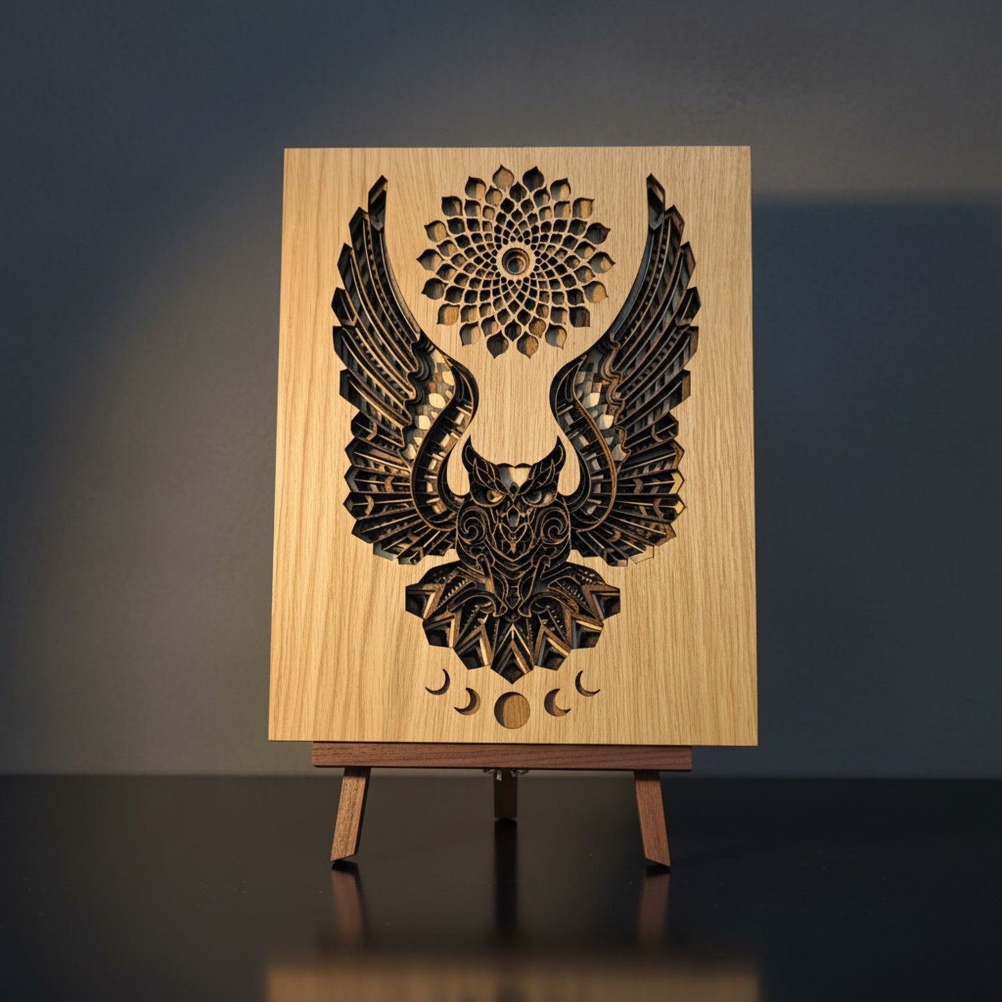 Layered Owl Mandala Wall Art – Oak & Ash Veneered MDF Geometric Wooden Decor