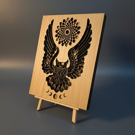 Layered Owl Mandala Wall Art – Oak & Ash Veneered MDF Geometric Wooden Decor